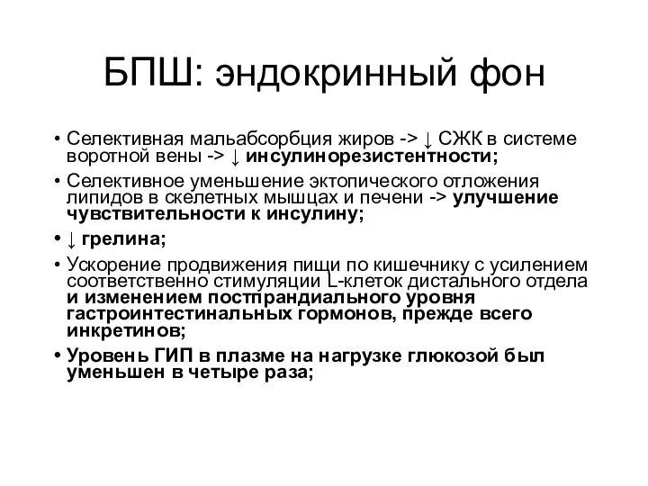 БПШ: эндокринный фон Селективная мальабсорбция жиров -> ↓ СЖК в