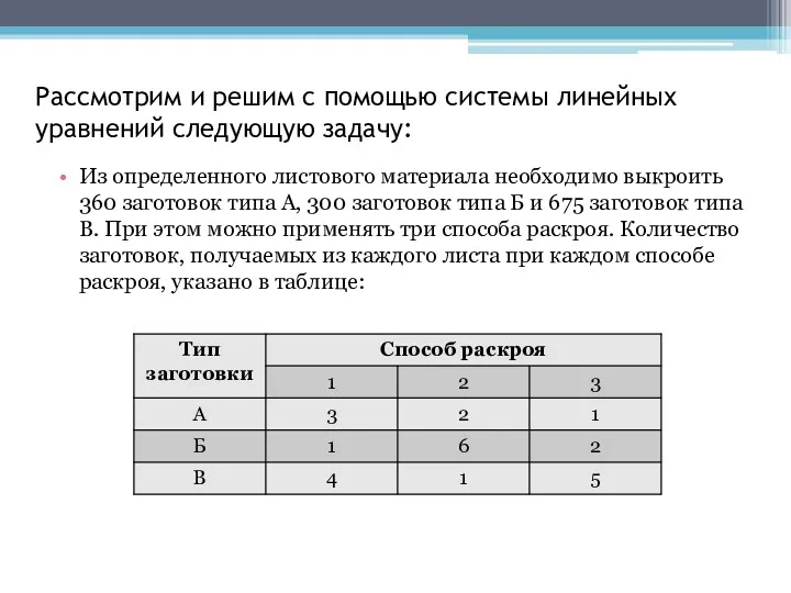 Рассмотрим и решим с помощью системы линейных уравнений следующую задачу: