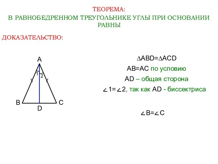 ТЕОРЕМА: В РАВНОБЕДРЕННОМ ТРЕУГОЛЬНИКЕ УГЛЫ ПРИ ОСНОВАНИИ РАВНЫ А В