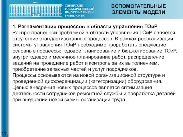 ВСПОМОГАТЕЛЬНЫЕ ЭЛЕМЕНТЫ МОДЕЛИ 1. Регламентация процессов в области управления ТОиР