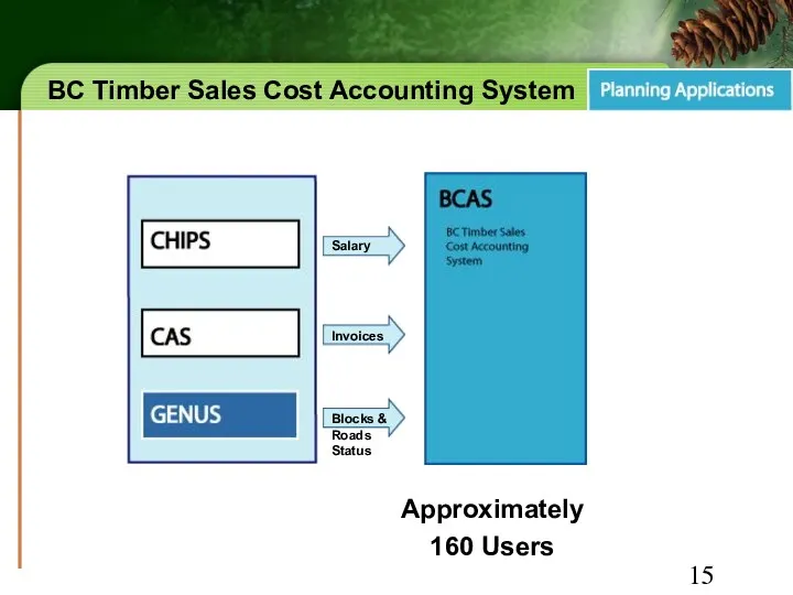 BC Timber Sales Cost Accounting System Salary Invoices Blocks & Roads Status Approximately 160 Users