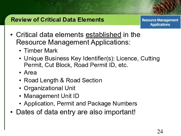 Review of Critical Data Elements Critical data elements established in