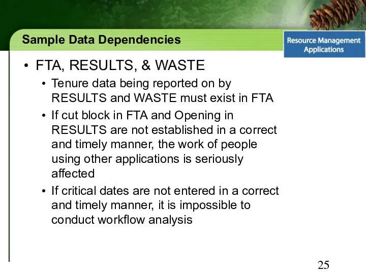Sample Data Dependencies FTA, RESULTS, & WASTE Tenure data being reported on by