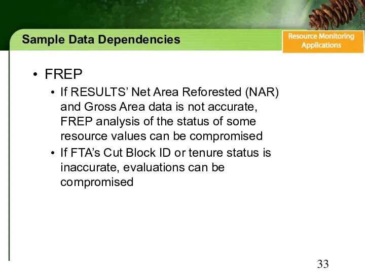 Sample Data Dependencies FREP If RESULTS’ Net Area Reforested (NAR) and Gross Area