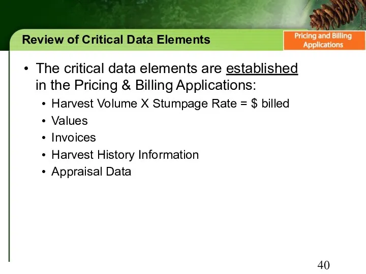 Review of Critical Data Elements The critical data elements are established in the