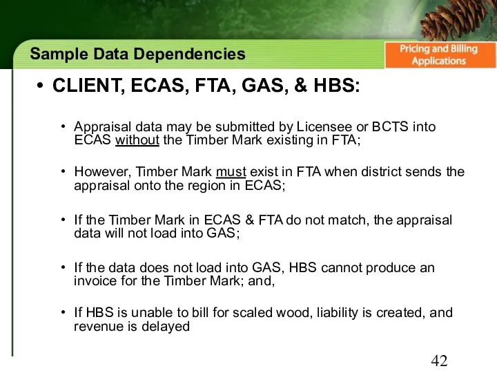 Sample Data Dependencies CLIENT, ECAS, FTA, GAS, & HBS: Appraisal data may be