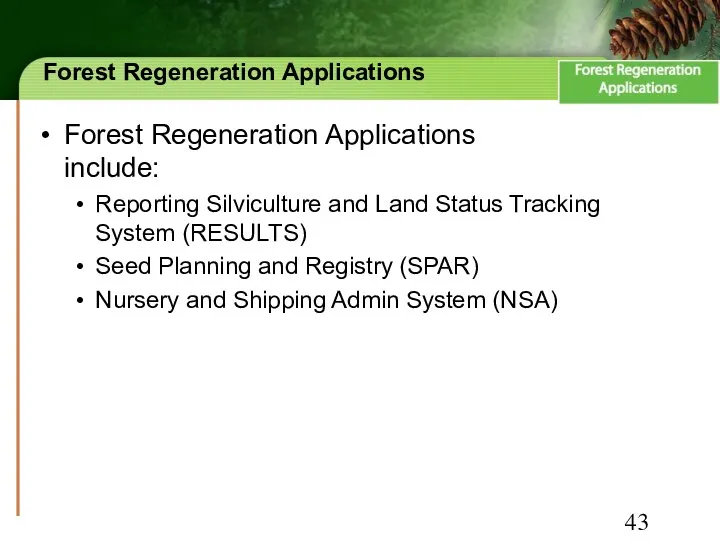 Forest Regeneration Applications Forest Regeneration Applications include: Reporting Silviculture and Land Status Tracking