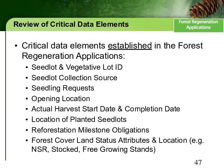 Review of Critical Data Elements Critical data elements established in the Forest Regeneration