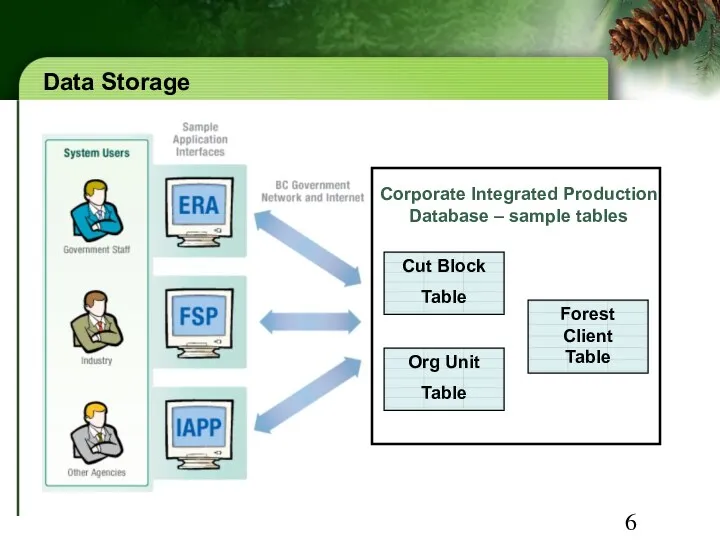 Data Storage Corporate Integrated Production Database – sample tables Cut Block Table Forest
