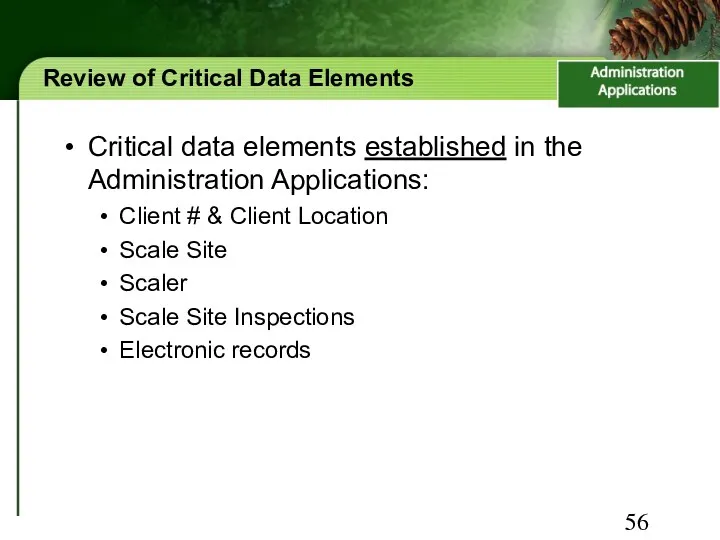 Review of Critical Data Elements Critical data elements established in the Administration Applications: