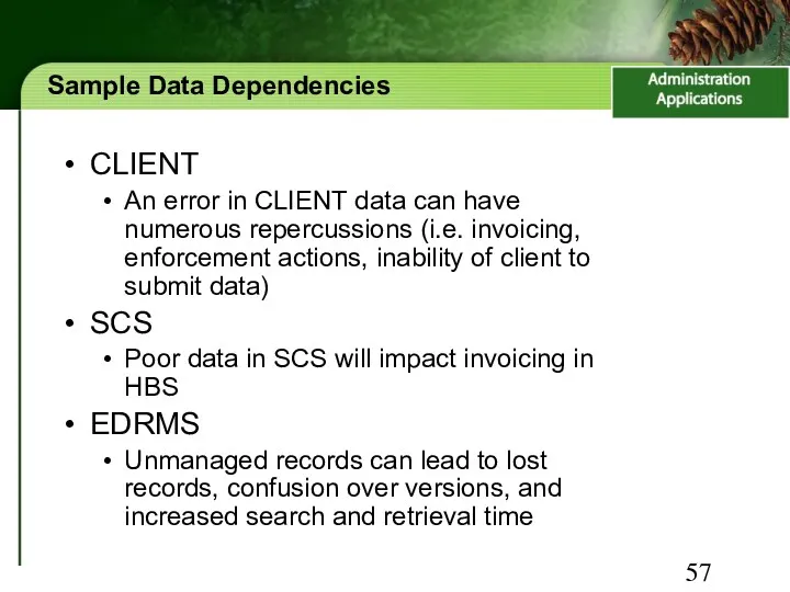 Sample Data Dependencies CLIENT An error in CLIENT data can have numerous repercussions