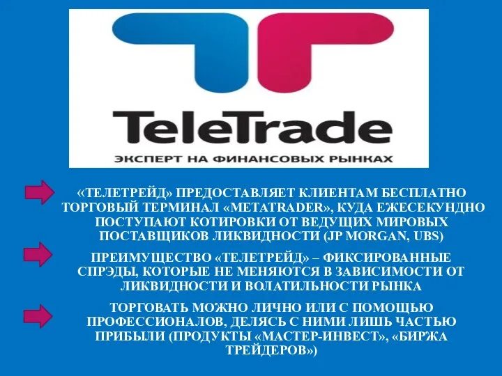 «ТЕЛЕТРЕЙД» ПРЕДОСТАВЛЯЕТ КЛИЕНТАМ БЕСПЛАТНО ТОРГОВЫЙ ТЕРМИНАЛ «METATRADER», КУДА ЕЖЕСЕКУНДНО ПОСТУПАЮТ