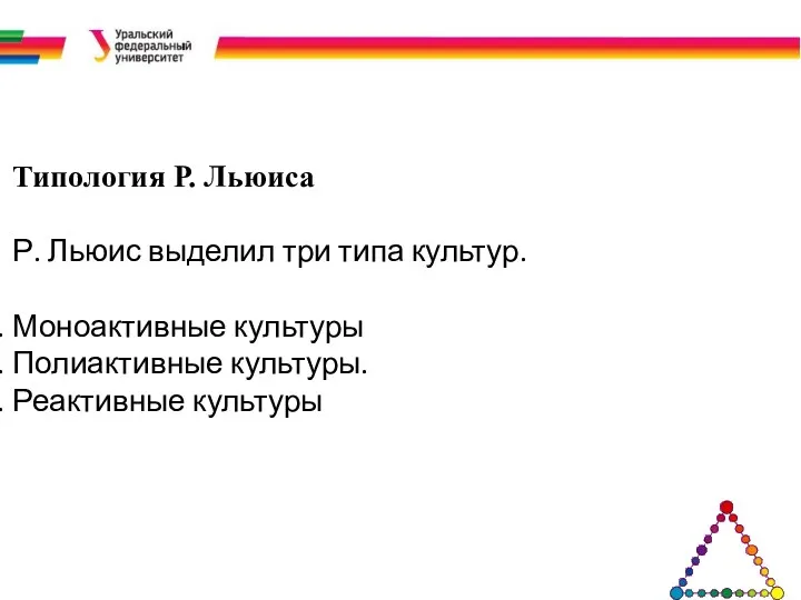 Типология Р. Льюиса Р. Льюис выделил три типа культур. Моноактивные культуры Полиактивные культуры. Реактивные культуры