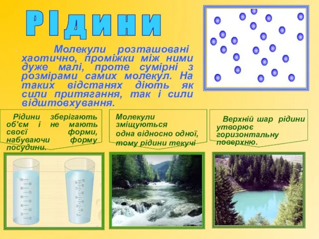 Молекули розташовані хаотично, проміжки між ними дуже малі, проте сумірні