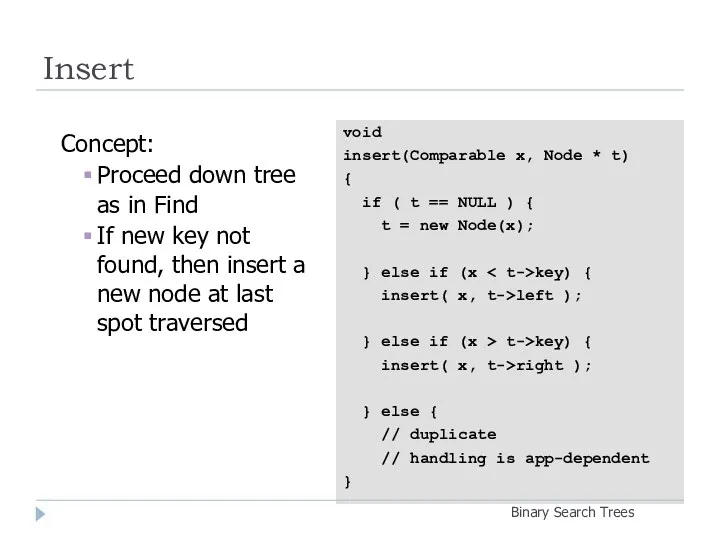 Insert Binary Search Trees void insert(Comparable x, Node * t) { if (
