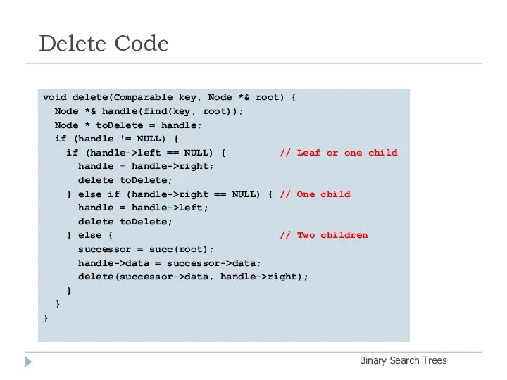 Delete Code Binary Search Trees void delete(Comparable key, Node *& root) { Node