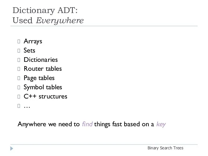 Dictionary ADT: Used Everywhere Binary Search Trees Arrays Sets Dictionaries Router tables Page