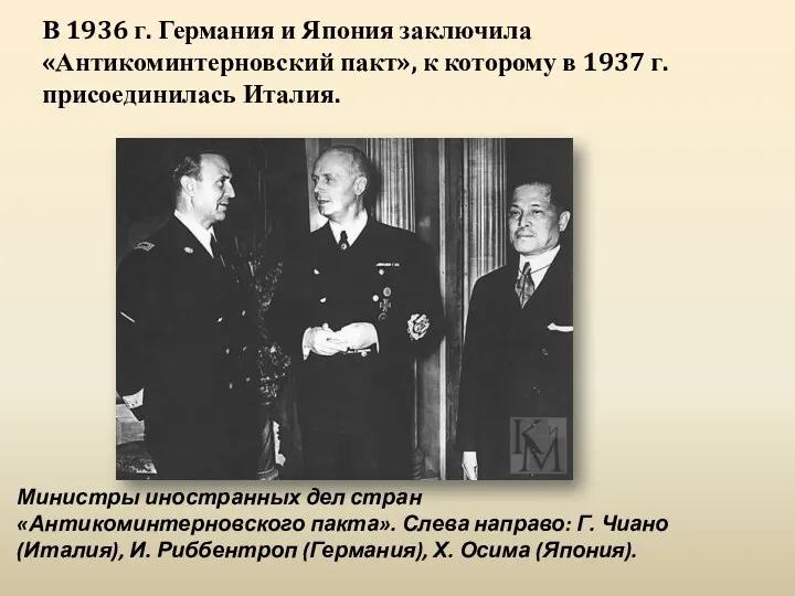 Министры иностранных дел стран «Антикоминтерновского пакта». Слева направо: Г. Чиано