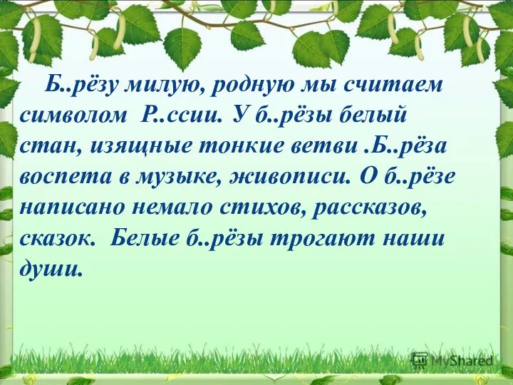 Б..рёзу милую, родную мы считаем символом Р..ссии. У б..рёзы белый