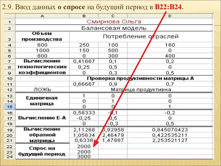 2.9. Ввод данных о спросе на будущий период в В22:В24.