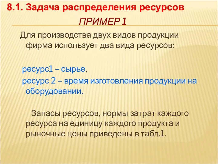 ПРИМЕР 1 Для производства двух видов продукции фирма использует два