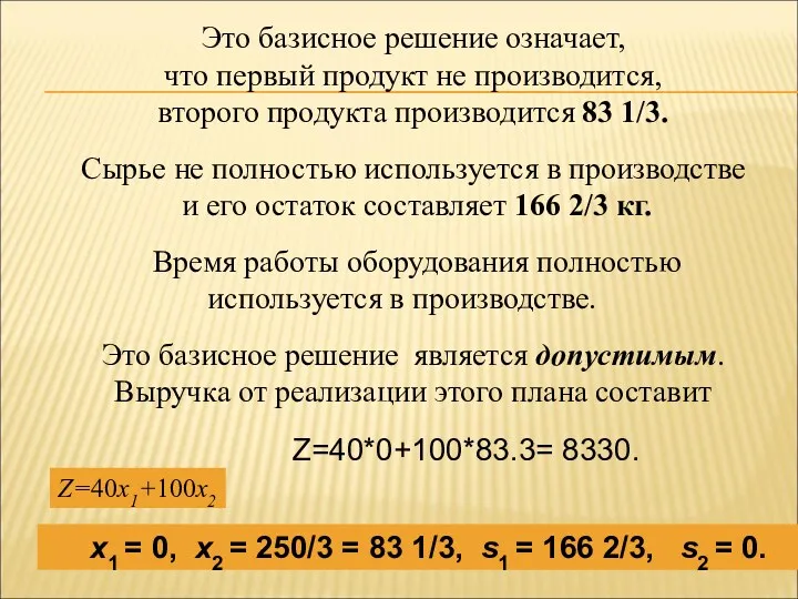 Это базисное решение означает, что первый продукт не производится, второго