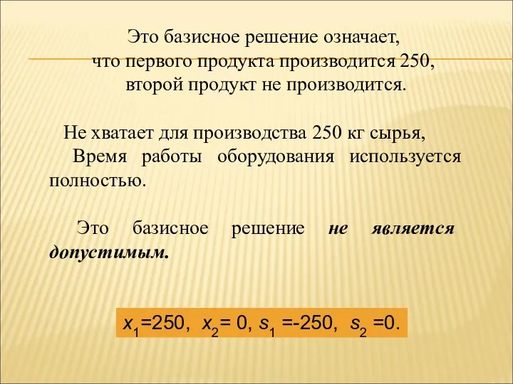 Это базисное решение означает, что первого продукта производится 250, второй