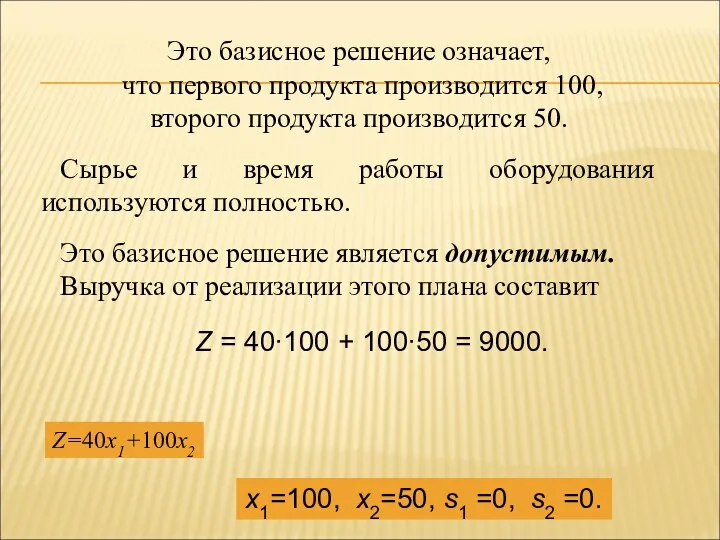 x1=100, x2=50, s1 =0, s2 =0. Это базисное решение означает,