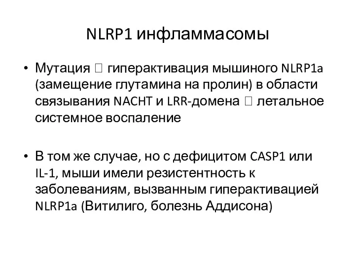 NLRP1 инфламмасомы Мутация ? гиперактивация мышиного NLRP1a (замещение глутамина на