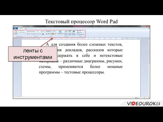 Текстовый процессор Word Pad , ленты с инструментами