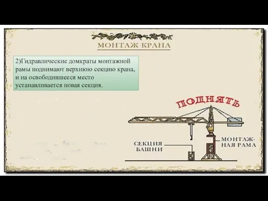 2)Гидравлические домкраты мон­тажной рамы поднимают верх­нюю секцию крана, и на освободившееся место устанавливается новая секция.