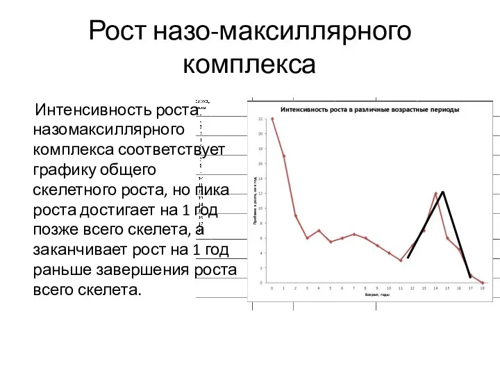 Рост назо-максиллярного комплекса Интенсивность роста назомаксиллярного комплекса соответствует графику общего