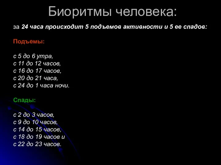 Биоритмы человека: за 24 часа происходит 5 подъемов активности и