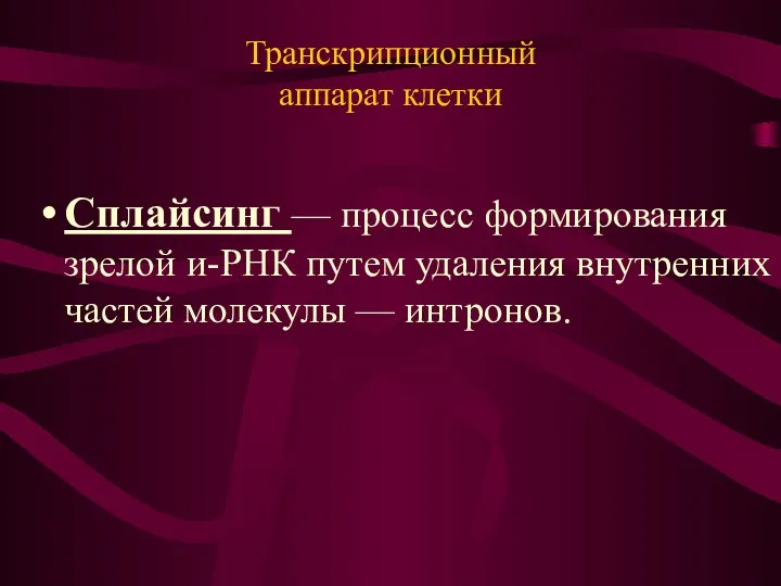 Транскрипционный аппарат клетки Сплайсинг — процесс формирования зрелой и-РНК путем удаления внутренних частей молекулы — интронов.