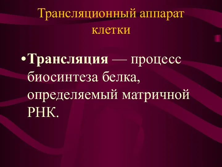 Трансляционный аппарат клетки Трансляция — процесс биосинтеза белка, определяемый матричной РНК.