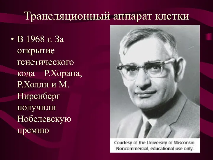 Трансляционный аппарат клетки В 1968 г. За открытие генетического кода