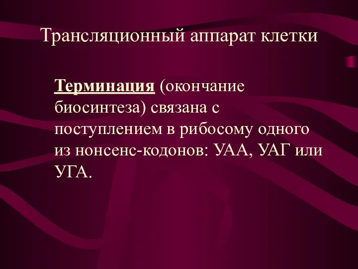 Трансляционный аппарат клетки Терминация (окончание биосинтеза) связана с поступлением в