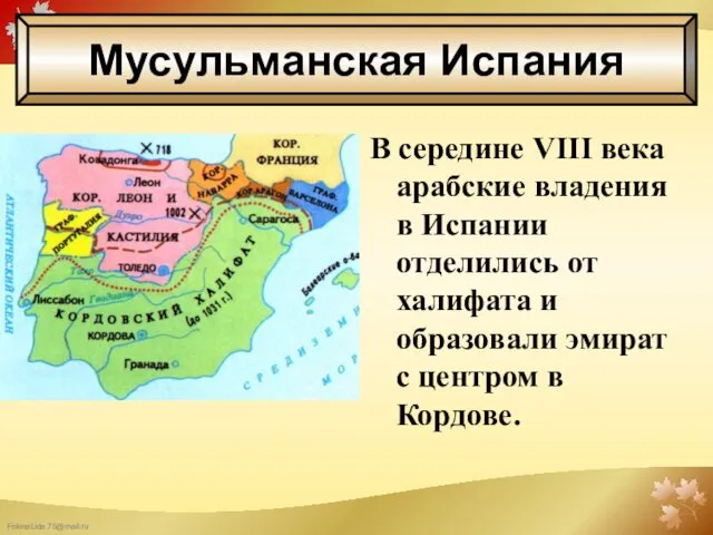 В середине VIII века арабские владения в Испании отделились от