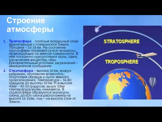 Строение атмосферы Тропосфера - плотные воздушные слои прилегающие к поверхности Земли. Толщина –