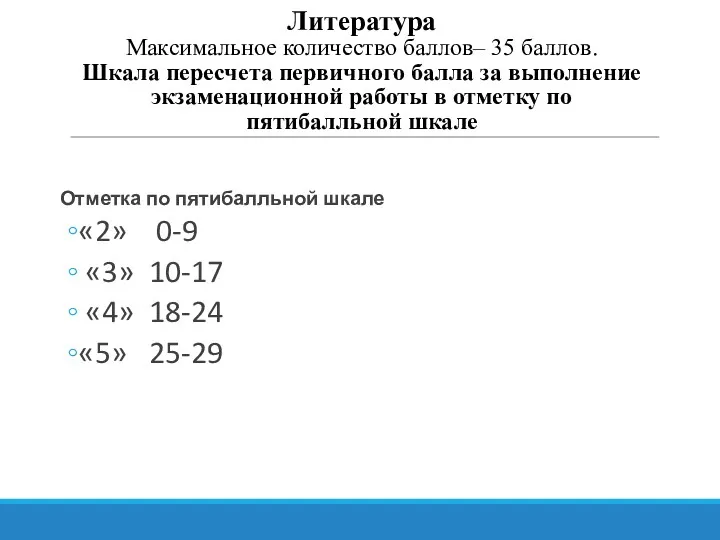 Литература Максимальное количество баллов– 35 баллов. Шкала пересчета первичного балла