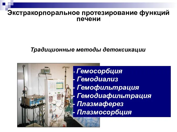 Экстракорпоральное протезирование функций печени Традиционные методы детоксикации: Гемосорбция Гемодиализ Гемофильтрация Гемодиафильтрация Плазмаферез Плазмосорбция