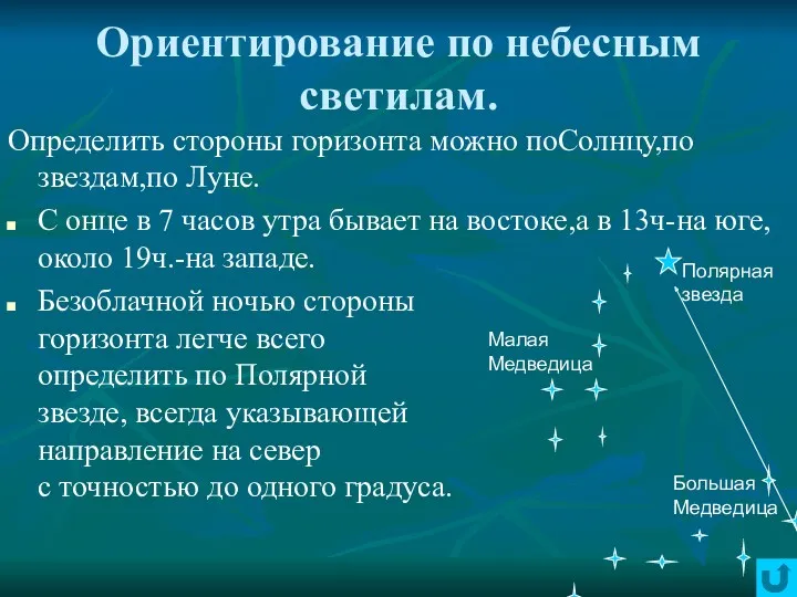 Ориентирование по небесным светилам. Определить стороны горизонта можно поСолнцу,по звездам,по