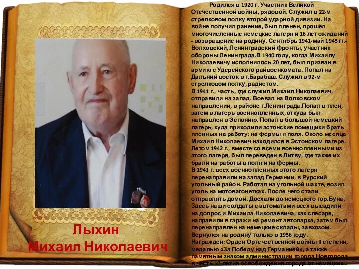 Лыхин Михаил Николаевич Родился в 1920 г. Участник Великой Отечественной