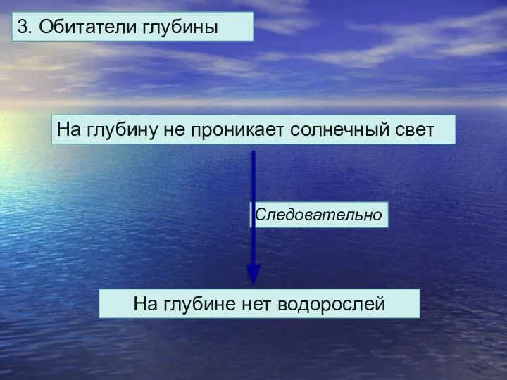 3. Обитатели глубины На глубину не проникает солнечный свет На глубине нет водорослей Следовательно