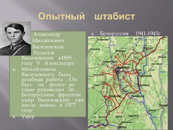 Опытный штабист Александр Михайлович Василевский Родился Василевский в1895 году У