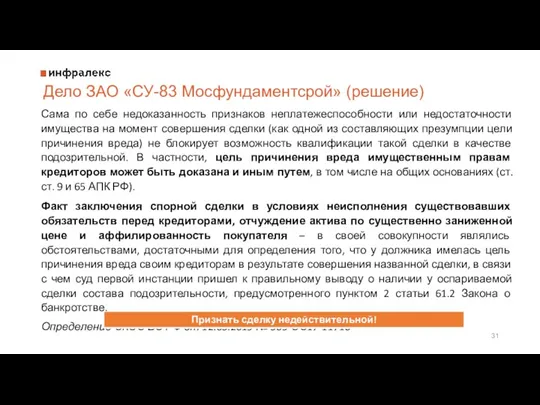 Дело ЗАО «СУ-83 Мосфундаментсрой» (решение) Сама по себе недоказанность признаков неплатежеспособности или недостаточности