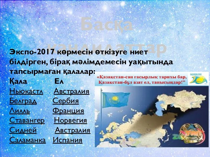 Басқа кандидаттар Экспо-2017 көрмесін өткізуге ниет білдірген, бірақ мәлімдемесін уақытында