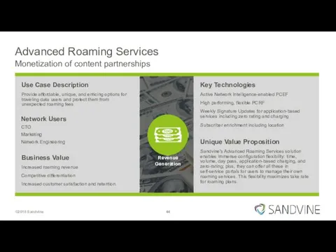 Advanced Roaming Services Monetization of content partnerships Key Technologies Active