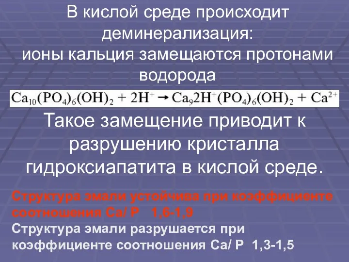 В кислой среде происходит деминерализация: ионы кальция замещаются протонами водорода