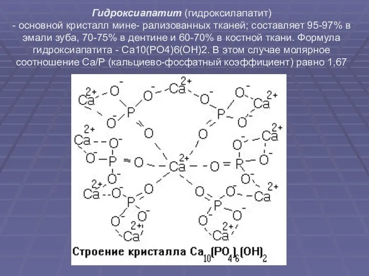 Гидроксиапатит (гидроксилапатит) - основной кристалл мине- рализованных тканей; составляет 95-97%